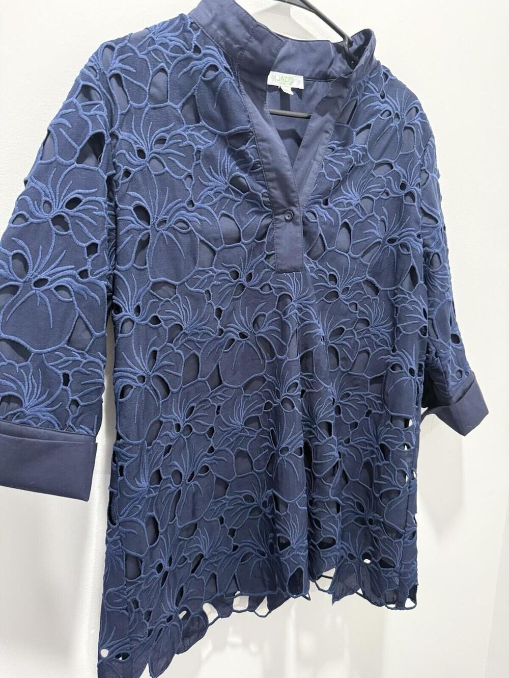 Jade Melody Tam Eyelet Lace Top Floral Tunic Boho Medium Preppy Blouse Blue - Picture 3 of 13